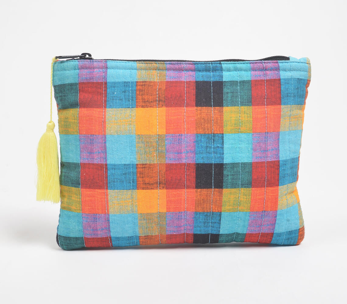 Stripe-Quilted Madras Checks Pouch-1