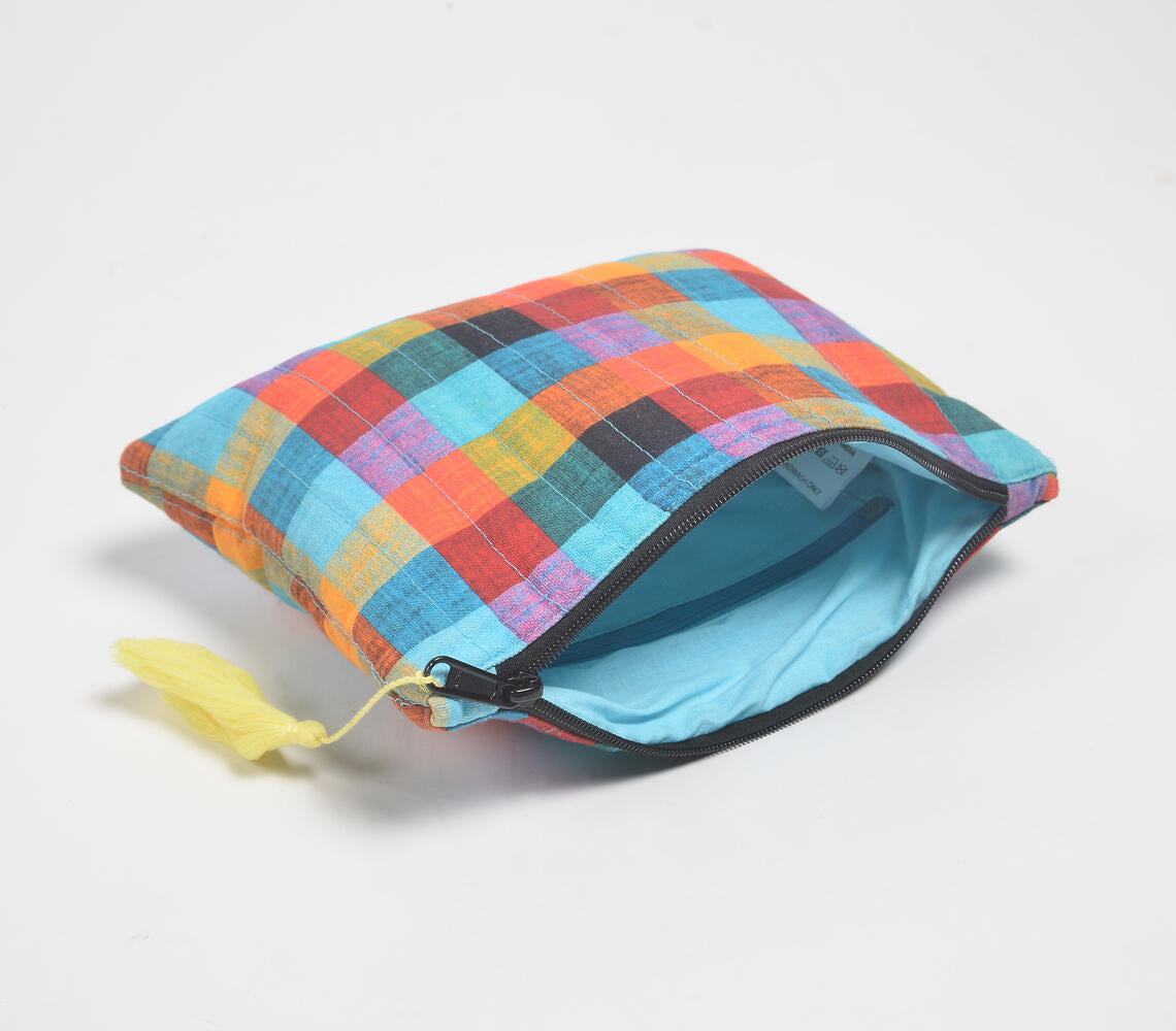 Stripe-Quilted Madras Checks Pouch-2