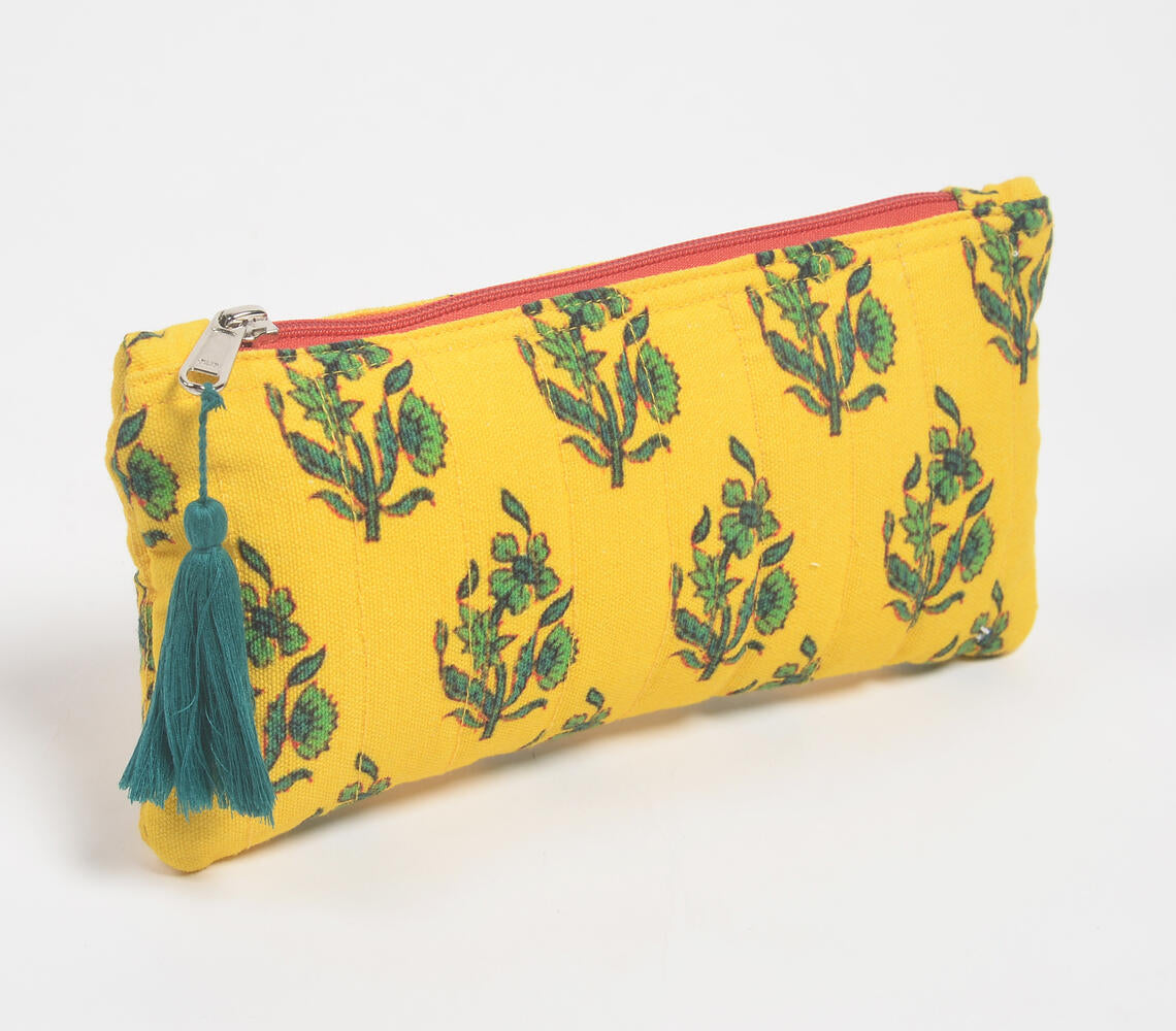 Quilted &amp; Printed Yellow Tree Tasseled Travel Pouch-0