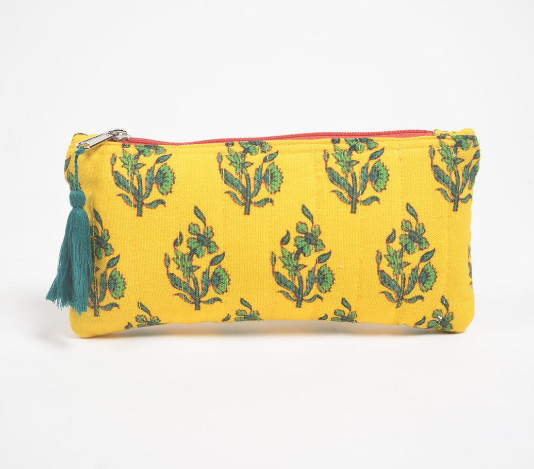 Quilted &amp; Printed Yellow Tree Tasseled Travel Pouch-1