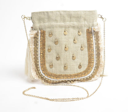 Metallic Embellished Jute Drawstring Bag-0