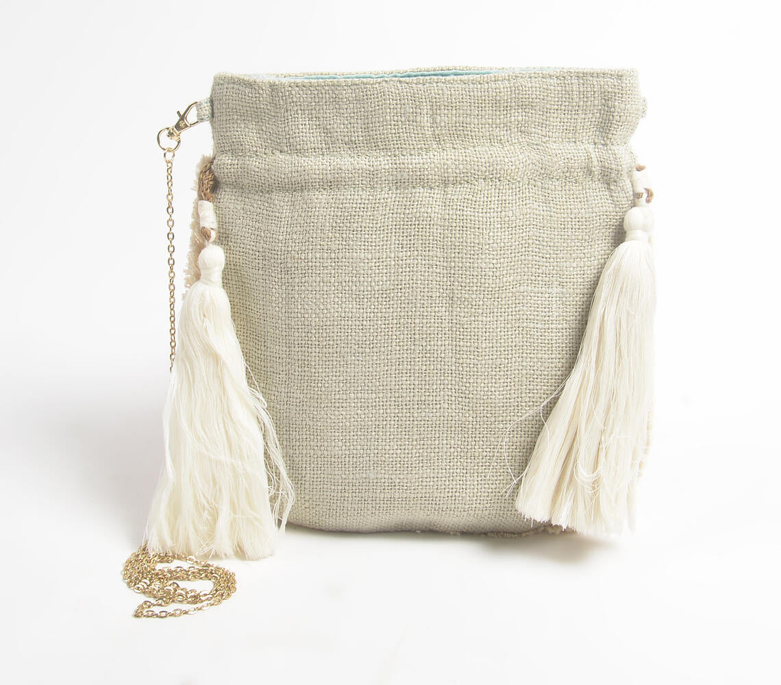 Metallic Embellished Jute Drawstring Bag-2