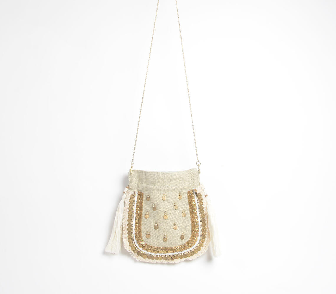 Metallic Embellished Jute Drawstring Bag-3