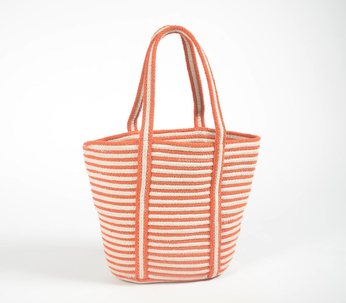 Braided Jute &amp; Cotton Striped Grocery Tote Bag-0