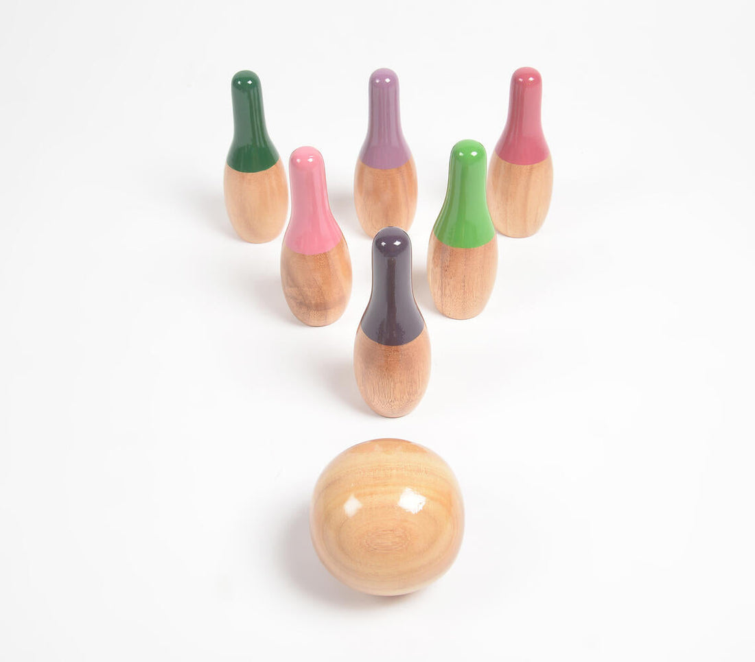 Turned Mango Wood Mini Bowling Pins Set for Kids-0