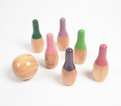 Turned Mango Wood Mini Bowling Pins Set for Kids-1