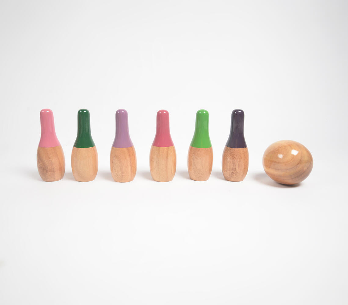 Turned Mango Wood Mini Bowling Pins Set for Kids-2