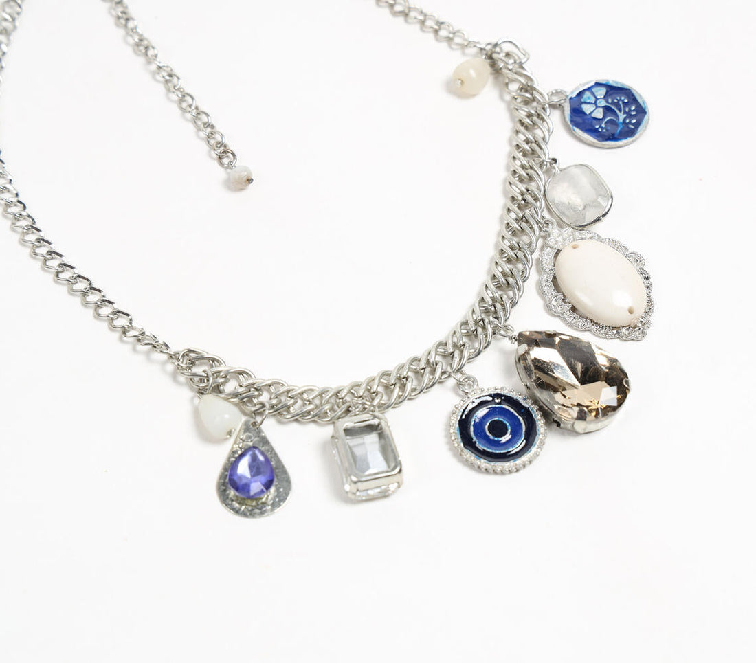 Pearl &amp; Glass Beads Evil-Eye Charms Bib Necklace-1