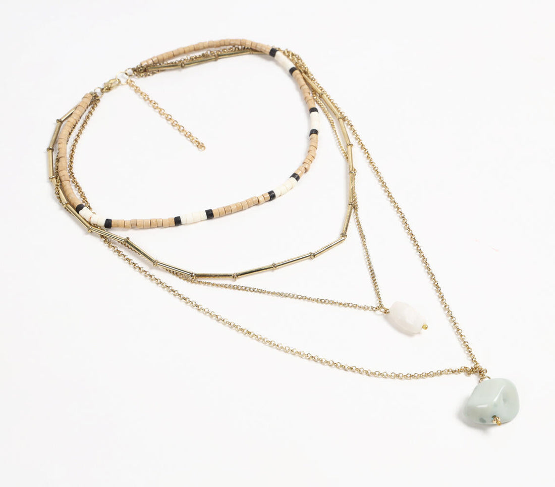 Natural Stone &amp; Recycled Bone Layered Metallic necklace-0