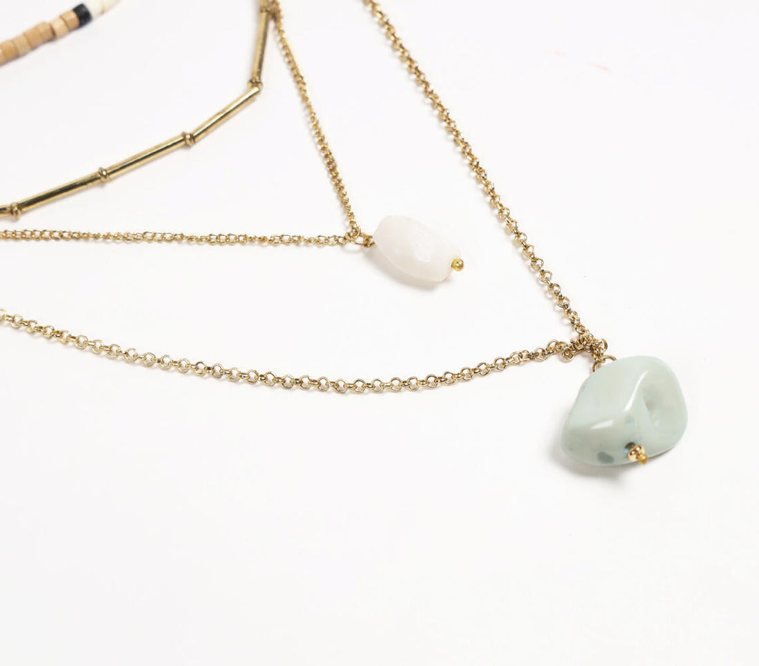 Natural Stone &amp; Recycled Bone Layered Metallic necklace-1