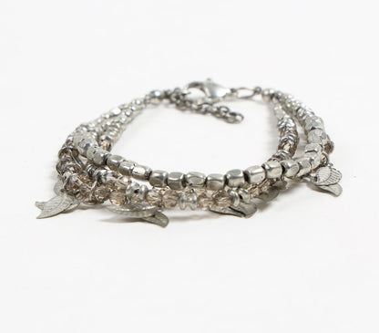 Glass Beads &amp; Silver-Toned Leaf Charms Layered Bracelet-1