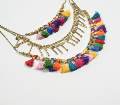 Boho-chic Colorpop Tasseled Brass Necklace-1