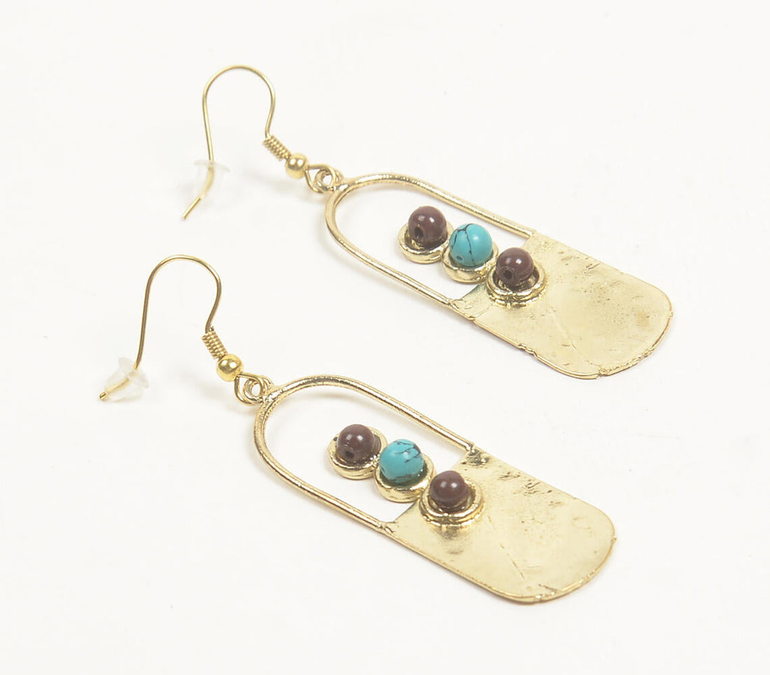 Natural Stone &amp; Beaten Brass Dangle earrings-1