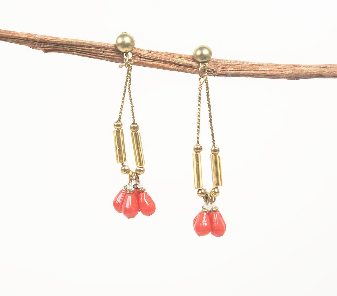 Gold-Toned Iron &amp; Coral Glass Beads Drop Earrings-0