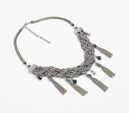 Silver-Toned Iron Braided Bib Necklace with Extension Chain-0