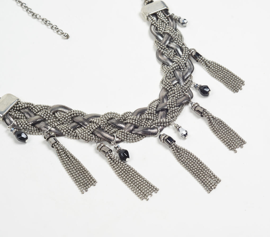 Silver-Toned Iron Braided Bib Necklace with Extension Chain-1