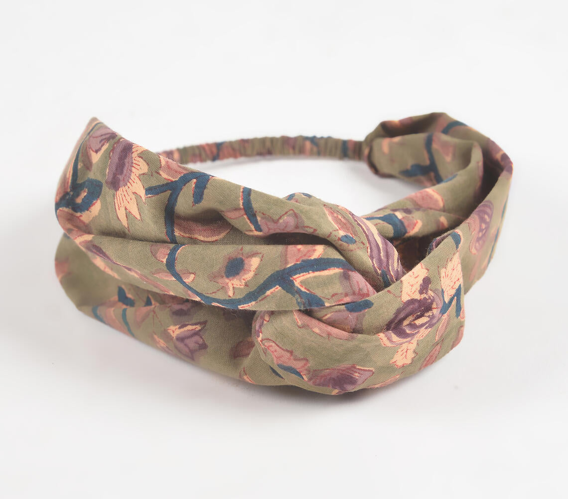 Olive Floral Block printed Knot Hairband-0