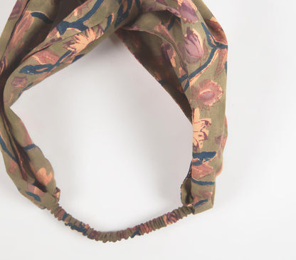 Olive Floral Block printed Knot Hairband-1