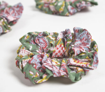 Floral Sage &amp; Pink Block Printed Scrunchie hair ties (set of 3)-0