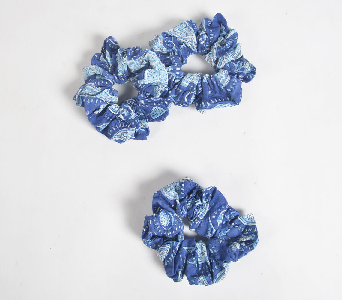 Indigo Paisley Block Printed Scrunchie hair ties (set of 3)-1