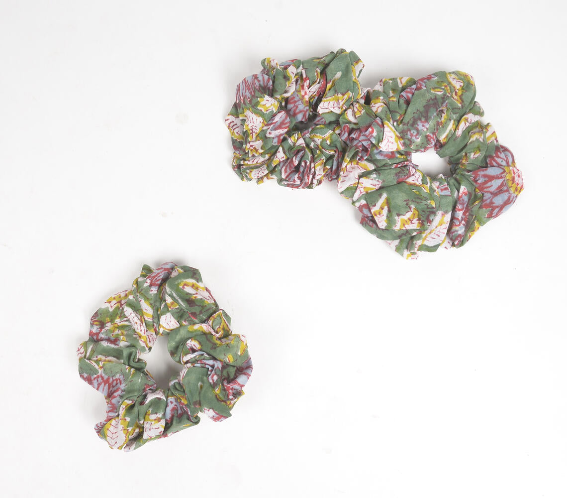 Block Printed Floral Forest Scrunchie Hair Ties (set of 3)-1