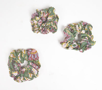 Block Printed Floral Forest Scrunchie Hair Ties (set of 3)-2