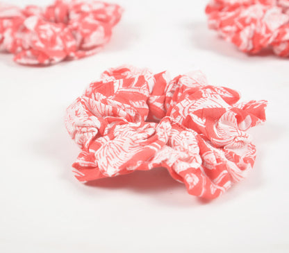 Coral Floral Block printed Scrunchie hair ties (set of 3)-0