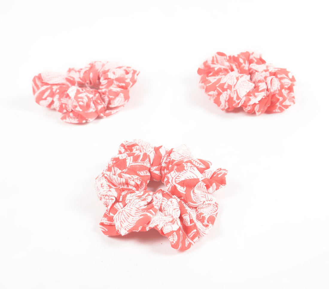 Coral Floral Block printed Scrunchie hair ties (set of 3)-1