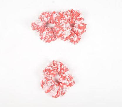 Coral Floral Block printed Scrunchie hair ties (set of 3)-2