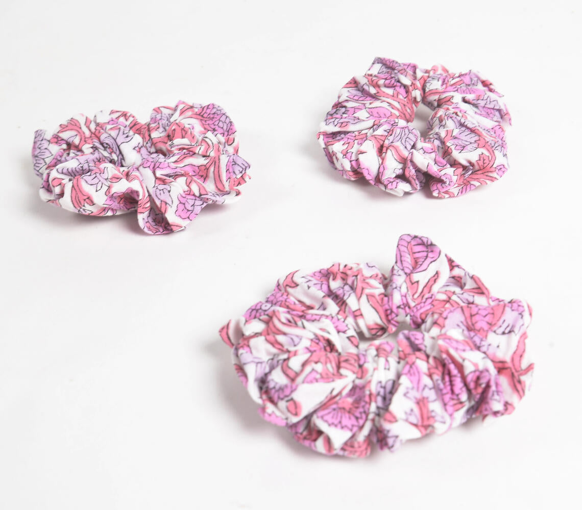 Pastel Rose-lilac Block printed Scrunchie hair ties (set of 3)-2