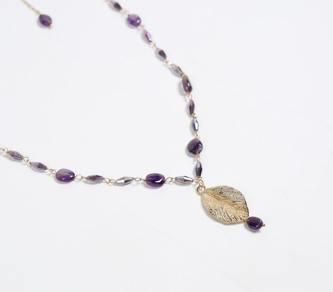 Gold-Toned Recycled Brass &amp; Amethyst Pendant Necklace-1