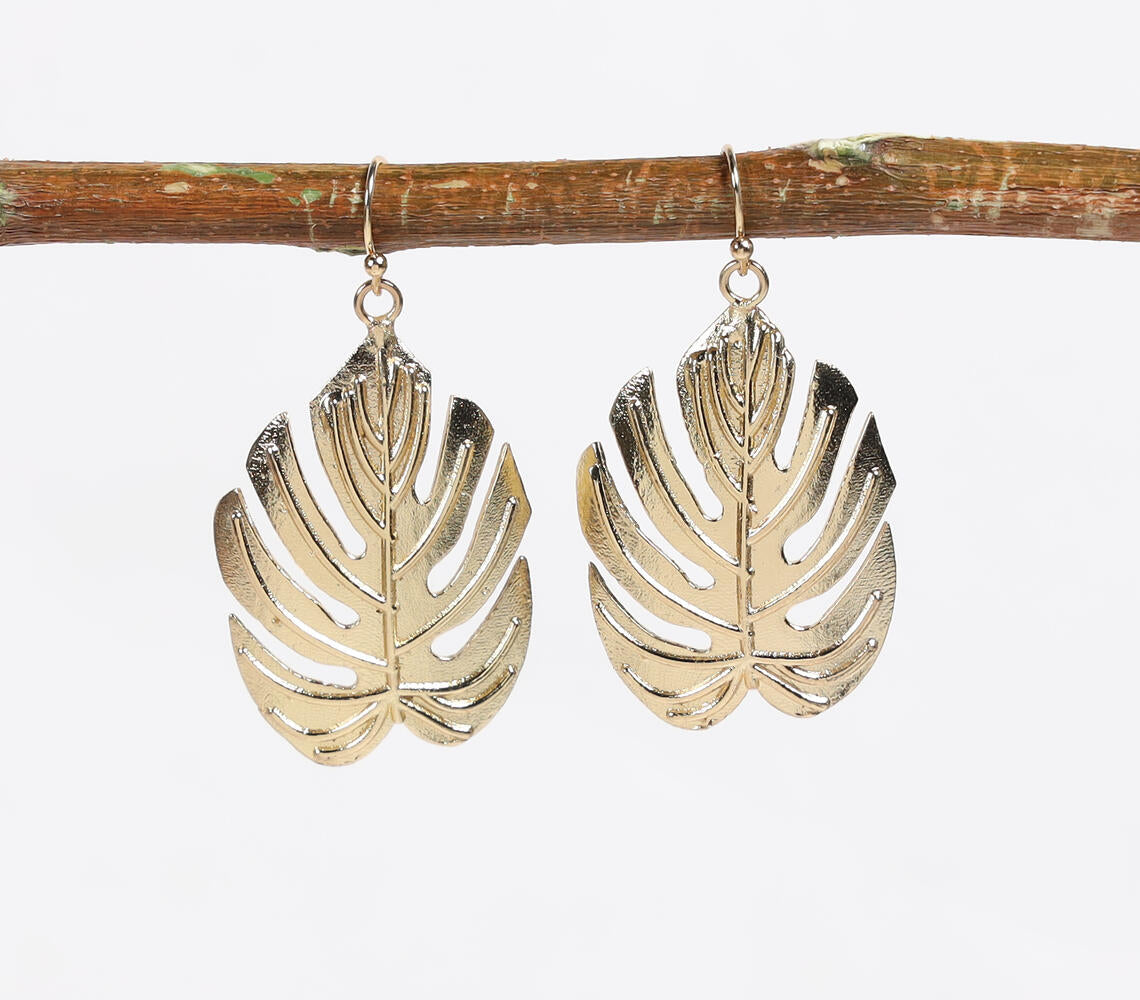 Gold-Toned Recycled Brass Leaf Dangle Earrings-0