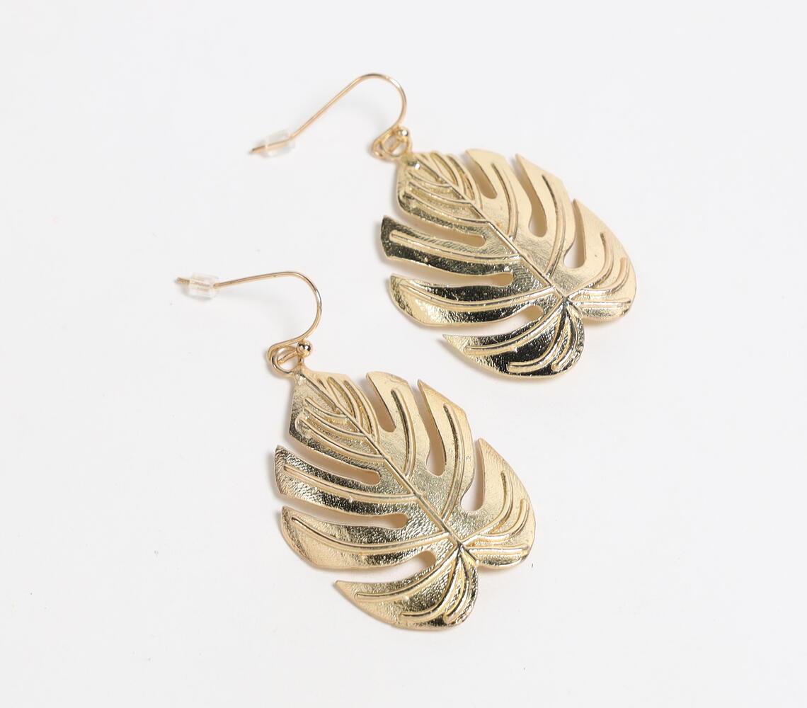 Gold-Toned Recycled Brass Leaf Dangle Earrings-1