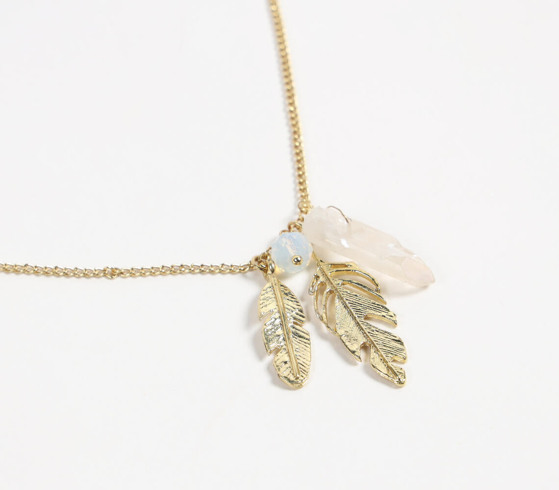 Glass Crystal &amp; Metallic Feather Necklace-1