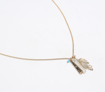 Glass Crystal &amp; Metallic Feather Charm Necklace-1