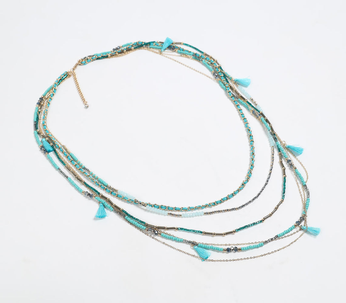 Glass Crystal Beads &amp; Tassel Layered Necklace-0