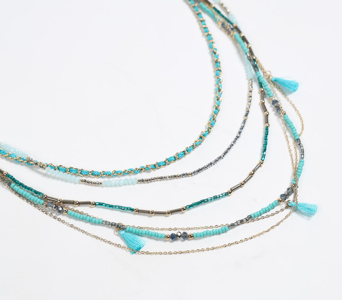 Glass Crystal Beads &amp; Tassel Layered Necklace-1