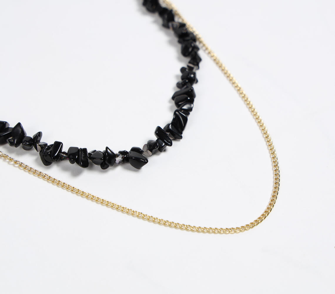 Recycled Brass &amp; Black Gemstone-Chips Layered Necklace-1