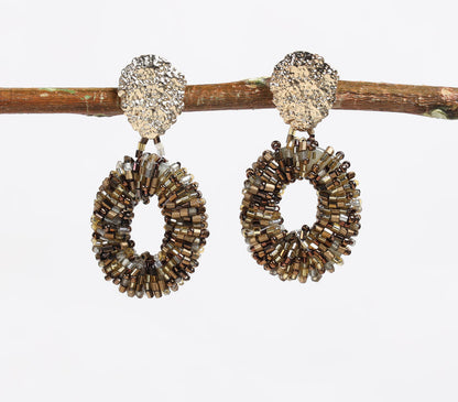 Silver-Toned Recycled Brass &amp; Brown Czech Seed Beads Drop Earrings-0