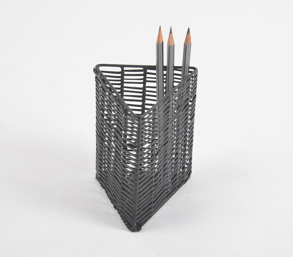 Handwoven Cane &amp; Iron Black Triangle Pen Stand-0