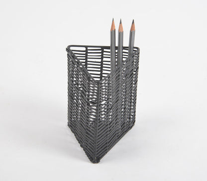 Handwoven Cane &amp; Iron Black Triangle Pen Stand-0