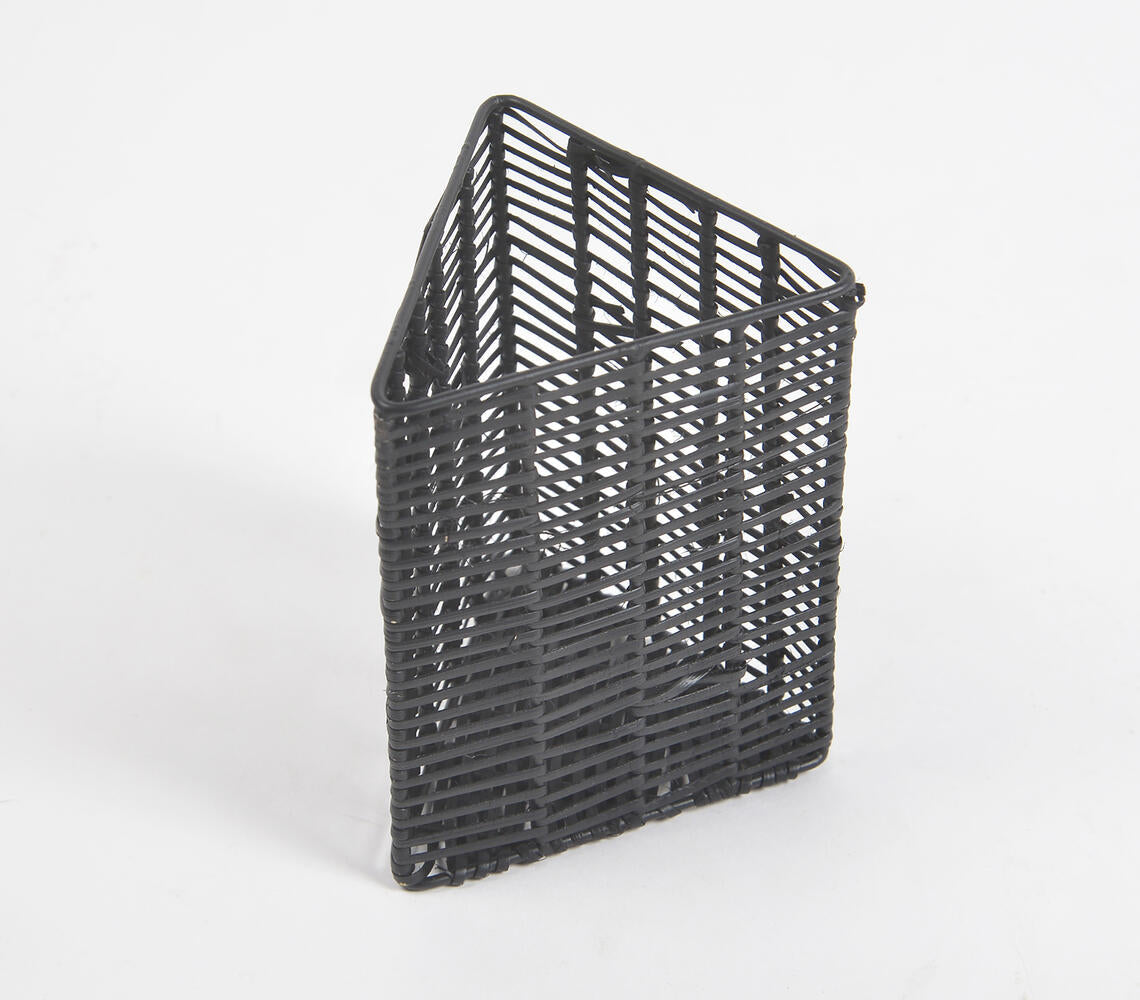 Handwoven Cane &amp; Iron Black Triangle Pen Stand-1