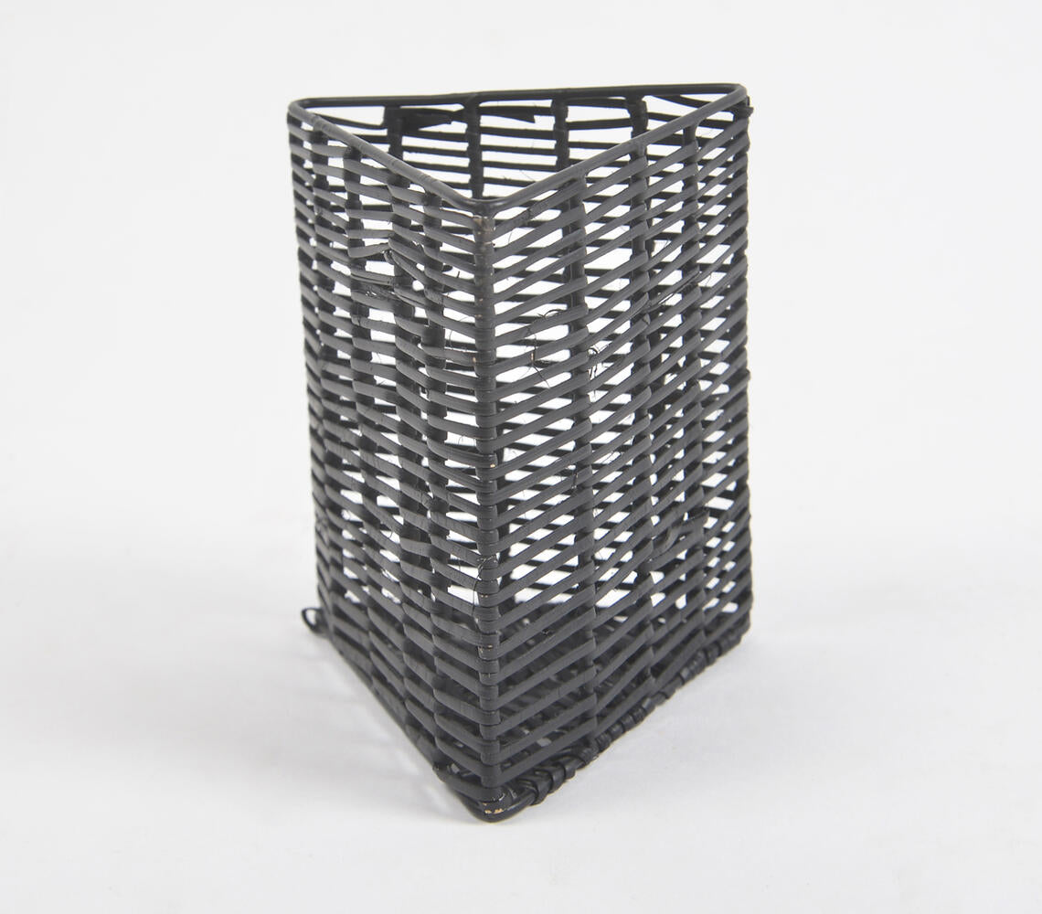 Handwoven Cane &amp; Iron Black Triangle Pen Stand-2