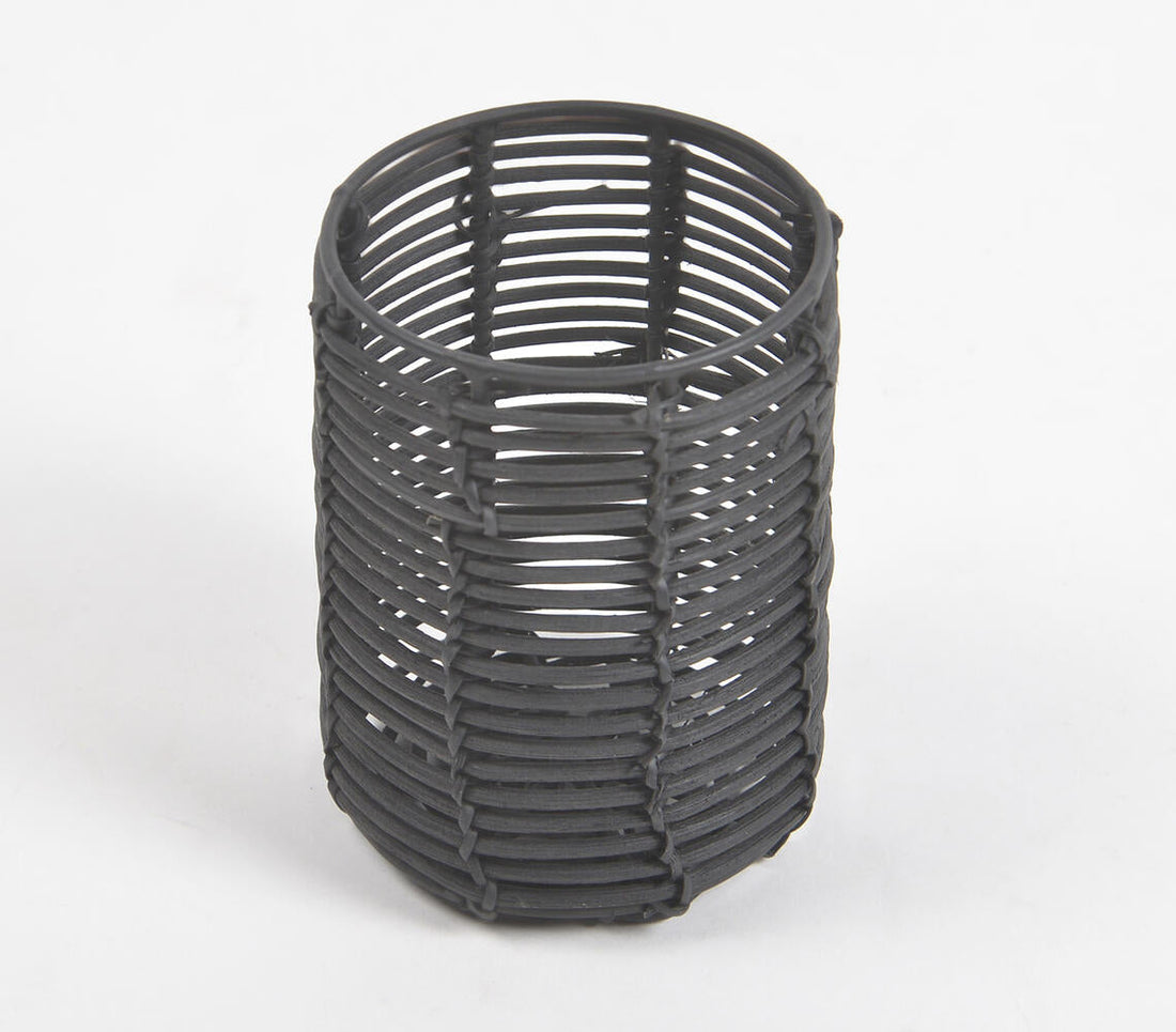 Handwoven Cane &amp; Iron Black Cylindrical Pen Stand-1