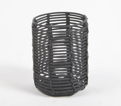 Handwoven Cane &amp; Iron Black Cylindrical Pen Stand-2