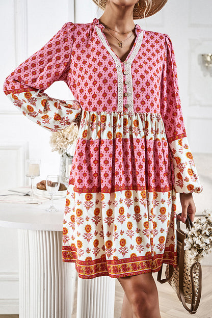 Printed V-Neck Long Sleeve Dress