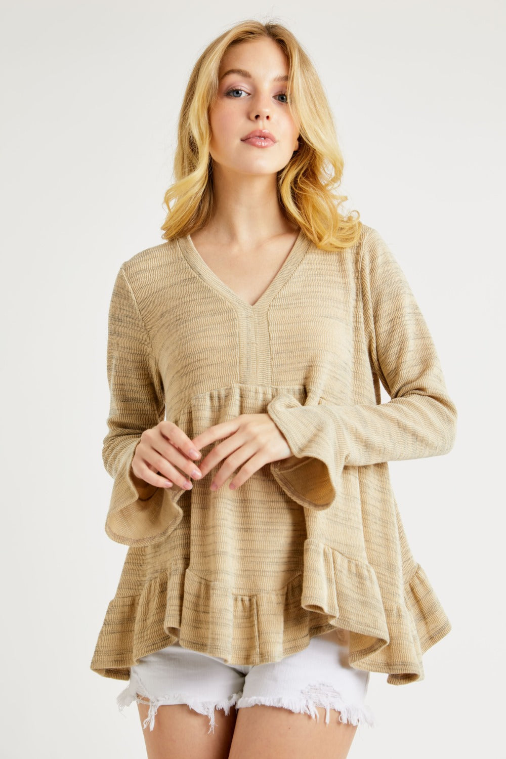 Hailey &amp; Co V-Neck Flounce Sleeve Knit Top