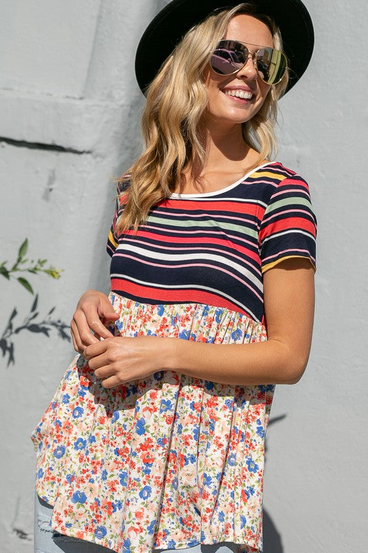 MULTI STRIPE FLORAL PRINT MIXED TOP