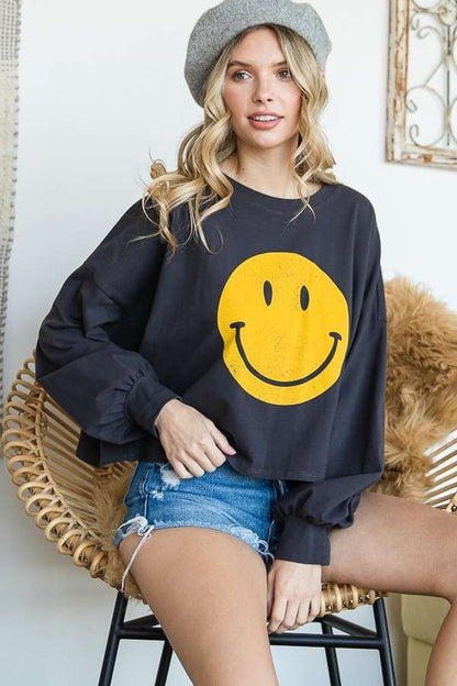 Smiley Face Long Sleeve Crop Top Plus