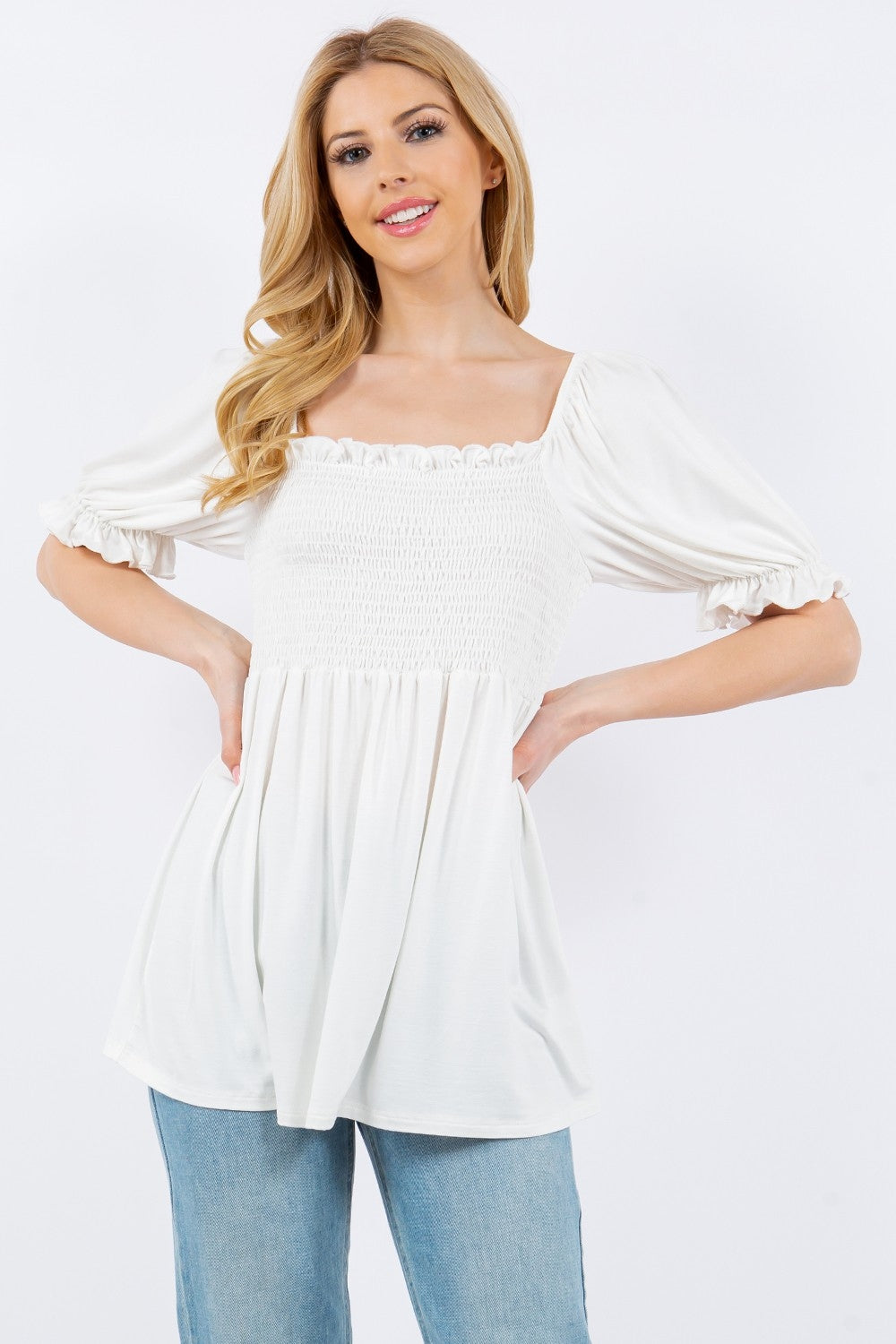 Celeste Full Size Ruffled Short Sleeve Smocked Blouse